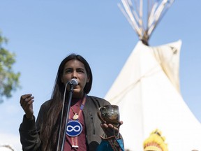 Tristen Durocher speaks at a press conference in Regina on Tuesday, Aug. 11, 2020.