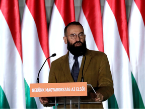 Jozsef Szajer, senior member of ruling Fidesz party delivers his speech during the party's campaign  ahead of the European Parliament elections in Budapest, Hungary April 5, 2019.