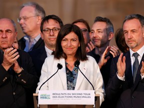 Paris mayor Anne Hidalgo reacts to the results of the second round of the mayoral elections in Paris, France, June 28, 2020.