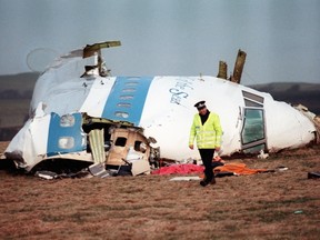 A file picture taken on December 22, 1998, in Lockerbie, Scotland, shows the damaged aircraft cockpit of Pan Am 103 that exploded killing 270 people
