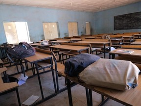 A view shows an empty classroom with school bags and wares belonging to pupils at the Government Science school where gunmen abducted students, in Kankara, in northwestern Katsina state, Nigeria Dec. 15, 2020.
