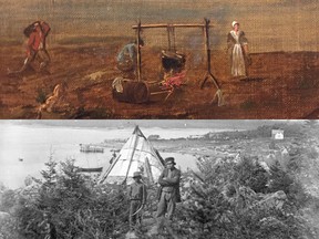An artist's rendition of Acadians living in Nova Scotia, c.a., 1751, top, and Mi'kmaq people in Dartmouth, N.S., ca., 1871.