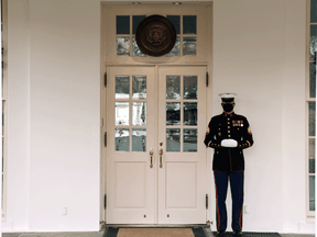 A Marine stands outside the door to the West Wing, an indication that U.S. President Donald Trump is present in the Oval Office, December 22, 2020.