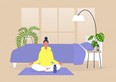 Young female character practicing yoga and meditation at home, mindfulness, modern millennial lifestyle