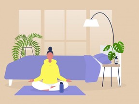Young female character practicing yoga and meditation at home, mindfulness, modern millennial lifestyle