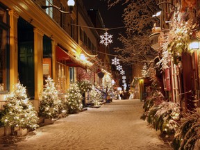 Deserted street in Quebec City decorated for Christmas