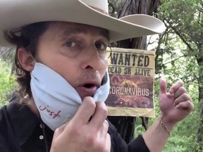 Actor Matthew McConaughey appears as "Bobby Bandito", teaching people how to make a mask, in a social media video, uploaded April 13, 2020.