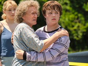 From left: Haley Bennett portrays Lindsay, Glenn Close stars as "Mamaw" and Owen Asztalos plays a young J.D. Vance in the Netflix adaptation of Vance's memoir, Hillbilly Elegy, directed by Ron Howard.