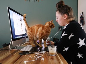 A woman works from home in Sassenheim, Netherlands, on Oct. 2, 2020, during the coronavirus pandemic.