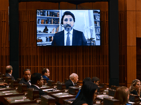 Prime Minister Justin Trudeau answers a question via video link during question period in the House of Commons.