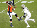With all three Denver Bronco quarterbacks in COVID quarantine, Kendall Hinton — a practice-squad wide receiver — played quarterback for the Broncos against the New Orleans Saints on Sunday, November 29. It didn't go well.
