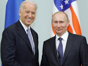 Russian Prime Minister Vladimir Putin shakes hands with U.S. Vice President Joe Biden on March 10, 2011 during their meeting in Moscow.