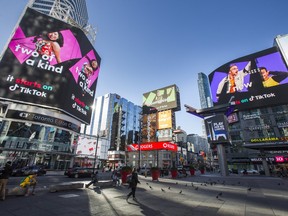 Electronic billboards as a part of the  "It Starts On TikTok" campaign as seen from Yonge-Dundas Square in downtown Toronto, Ont.  on Wednesday November 4, 2020.