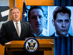 U.S. Secretary of State Mike Pompeo speaks about the detention by China of Canadians, Michael Spavor and Michael Kovrig, on July 1, 2020, in Washington. U.S. intervention in the extradition proceedings against Huawei CFO Meng Wanzhou could be one way to bring about their freedom.