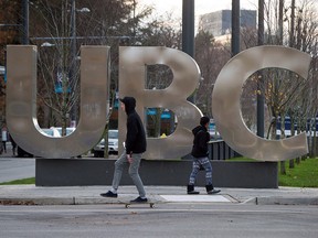 A sign for the University of British Columbia in Vancouver is seen in a file photo from Nov. 22, 2015. A document about "yellow privilege" that was emailed to students by a resident adviser has caused a furor at the university.