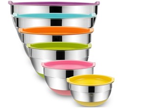 Set of six stainless steel mixing bowls.