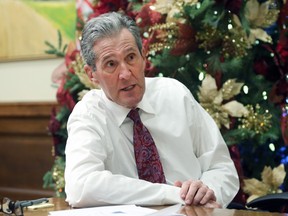 Premier Brian Pallister is pictured in his office at the Manitoba Legislative Building in Winnipeg during a one-on-one interview with Sun columnist Josh Aldrich on Mon., Dec. 14, 2020.