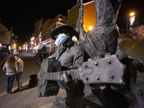 The iconic statue of Ron Hynes on George Street, in downtown St. John’s, wears a mask on July 11, 2020.