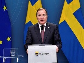 Sweden's Prime Minister Stefan Lofven speaks about the Christmas and New Year's holidays restrictions during a news conference, amid the coronavirus disease (COVID-19) outbreak in Stockholm, Sweden December 8, 2020.