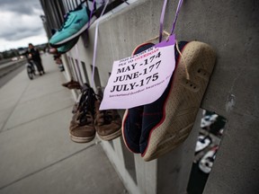 Shoes are hung on the Burrard Bridge in remembrance of victims of illicit drug overdose deaths on International Overdose Awareness Day, in Vancouver, on Monday, August 31, 2020.