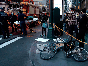 Bikes lay on the ground after a car struck multiple Black Lives Matter protesters on December 11, 2020 in New York.