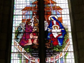 The window, designed and painted by British artist Lawrence Lee, shows a Canadian twist on the epochal Biblical nativity scene.