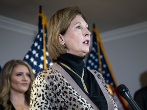 Sidney Powell, former lawyer to U.S. President Donald Trump, speaks during a news conference at the Republican National Committee headquarters in Washington, D.C., U.S., on Thursday, Nov. 19, 2020.