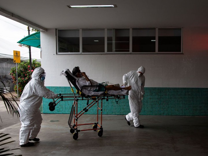  A patient arrives at the 28 de Agosto Hospital in Manaus, Amazon State, Brazil, on January 14, 2021, amid the novel coronavirus, COVID-19, pandemic. Manaus is facing a shortage of oxygen supplies and bed space as the city has been overrun by a second surge in COVID-19 cases and deaths.