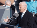 U.S. President Joe Biden delivers his inaugural address on the West Front of the U.S. Capitol on January 20, 2021 in Washington, DC.