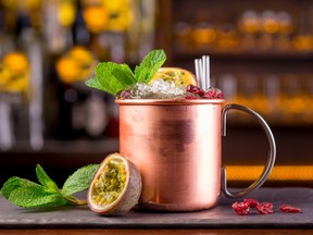 luxury copper alcoholic drink at bar counter blurred background restaurant