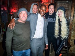 Dave Chappelle was photographed with Elon Musk, Joe Rogan and Grimes a few days before he tested positive for COVID-19. The photo was posted by @seekaychin on Tuesday, Jan. 19.