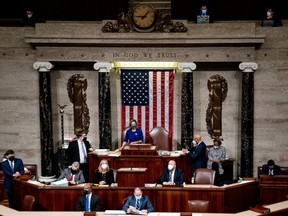 House Speaker Nancy Pelosi speaks as the House of Representatives reconvenes to continue the process of certifying the 2020 Electoral College results, after rioters supporting President Donald Trump breached the U.S. Capitol in Washington, U.S., January 6, 2020.