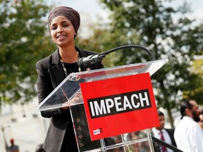 Rep. Ilhan Omar (D-MN) speaks at the Impeachment Now! rally in support of an immediate inquiry towards articles of impeachment against U.S. President Donald Trump on the grounds of the U.S. Capital on September 26, 2019in Washington, DC.