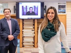 Guest speaker David Cinelli appears on-screen alongside economics teacher Francesco Bellissimo and religion teacher Stephanie De Santis. SUPPLIED