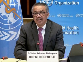 This handout TV grab taken on January 5, 2021 shows World Health Organization (WHO) Ethiopian Director-General Tedros Adhanom Ghebreyesus during a press briefing on Covid-19 (novel coronavirus) via video link from the WHO headquarters in Geneva.