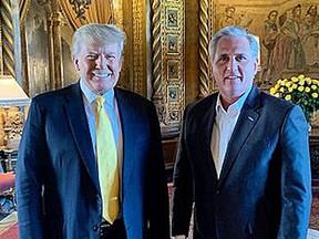 After a meeting Thursday at Mar-a-Lago resort, former president Donald Trump said he would work with Republican House leader Kevin McCarthy, right, to regain the party's majority in the U.S. Congress.