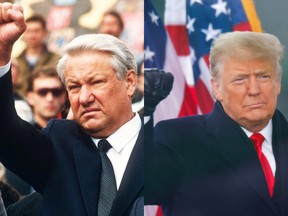 Former Russian president Boris Yeltsin, left, and U.S. President Donald Trump.