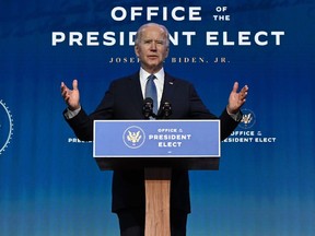U.S. President-elect Joe Biden speaks at The Queen theatre in Wilmington, Delaware on January 7, 2021.