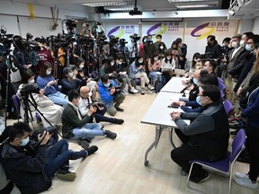 Civic Party members hold a press conference at the party headquarters in Hong Kong on January 6, 2021, following the arrest of dozens of opposition figures under the National Security Law.
