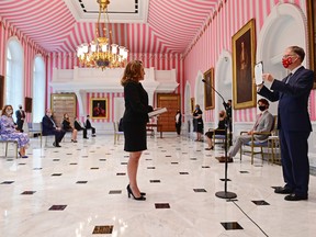 Chrystia Freeland is sworn in as Finance Minister by Clerk of the Privy Council Ian Shugart during the swearing in ceremony following a cabinet shuffle at Rideau Hall in Ottawa on Tuesday, August 18, 2020.