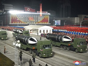This picture taken on Jan. 14, 2021 and released from North Korea's official Korean Central News Agency (KCNA) on Jan. 15 shows what appears to be submarine-launched ballistic missiles during a military parade celebrating the 8th Congress of the Workers' Party of Korea (WPK) in Pyongyang.