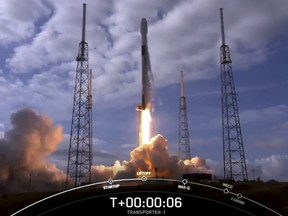 This screengrab shows the Spacex Falcon 9 liftoff in Cape Canaveral, Florida.