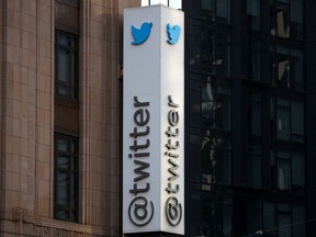 A Twitter logo is seen outside the company headquarters, during a purported demonstration by supporters of U.S. President Donald Trump to protest the social media company's permanent suspension of the President's Twitter account, in San Francisco, California, U.S., January 11, 2021.