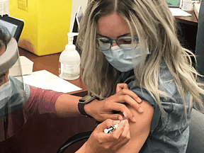Dr. Jessica Kent-Rice, an emergency medicine resident in Toronto, posted this photo on Twitter, writing she was "extremely grateful to have had the opportunity to get vaccinated."