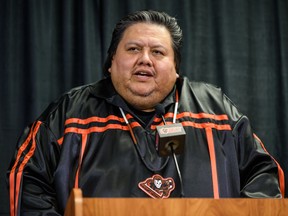 Tyler White, CEO of Siksika Health Services, speaks during a press conference regarding the February 1st "Every Child Matters" game presented by Siksika Health Services in partnership with Siksika Child & Family Services and First Nations Health Consortium on Monday, January 27, 2020.