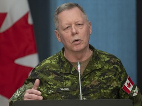 Then-Chief of Defence Staff Jonathan Vance speaks to the media in Ottawa, Monday, March 30, 2020.