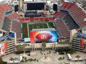 An aerial view of Raymond James Stadium in Tampa, Fla, ahead of Super Bowl LV.