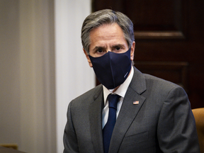 Antony Blinken, U.S. secretary of state, attends a virtual meeting with Justin Trudeau, Canada's prime minister, in Washington, D.C., U.S., on Tuesday, Feb. 23, 2021.