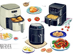 Collection of kitchen tools for cooking, vegetables, restaurant and vegetarian food, brewing drinks, coffee, tea. Colorful hand drawn