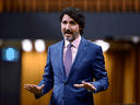 Prime Minister Justin Trudeau has a happy moment during question period in the House of Commons on Wednesday, Feb. 24, 2021.
